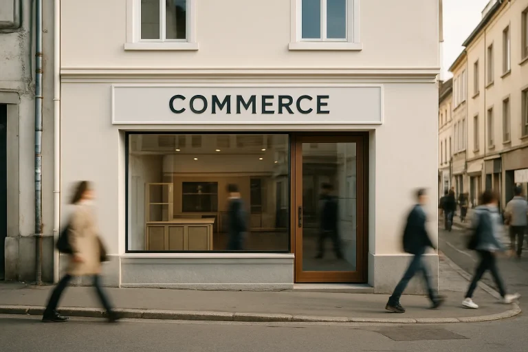 Façade de commerce à Forbach, rénovée et propre, avec passants en arrière-plan.