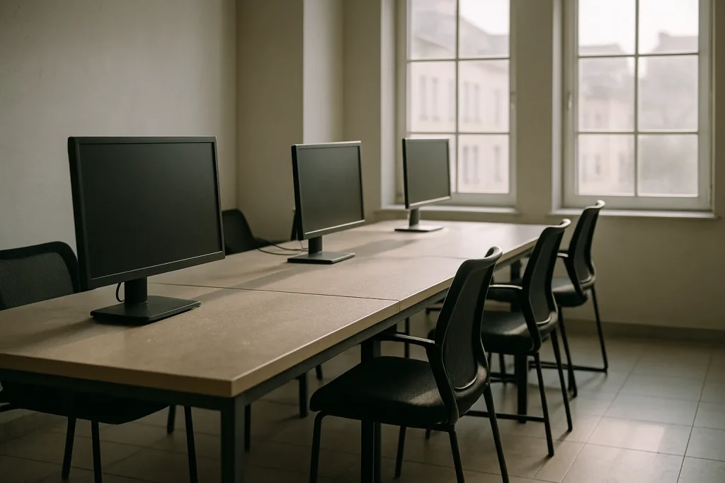 Un bureau moderne à Metz montrant de la poussière sur les surfaces après des travaux.