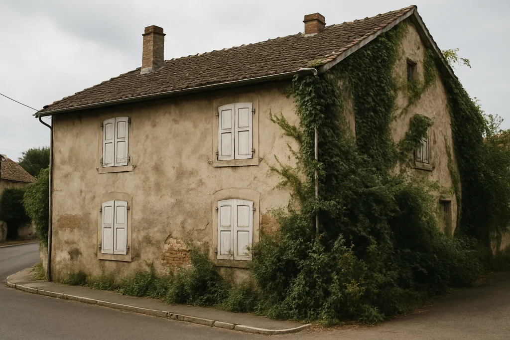 Vue d'extérieur d'une maison à Sarrebourg avec des murs défraîchis et végétation.
