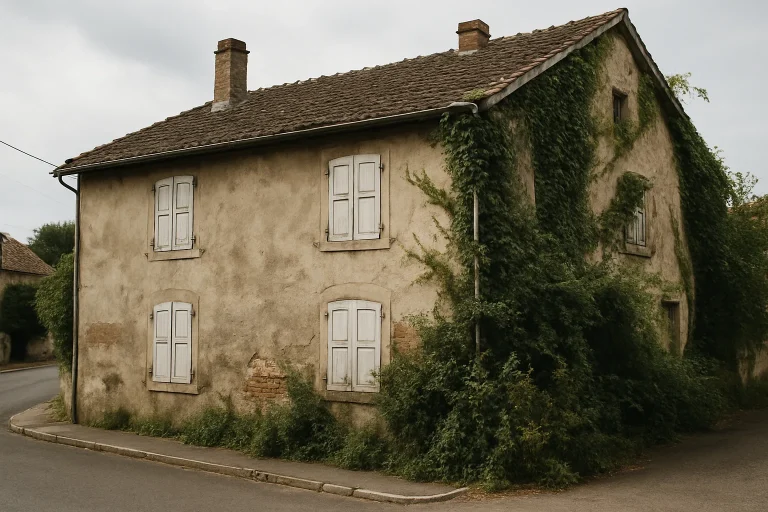 Vue d'extérieur d'une maison à Sarrebourg avec des murs défraîchis et végétation.
