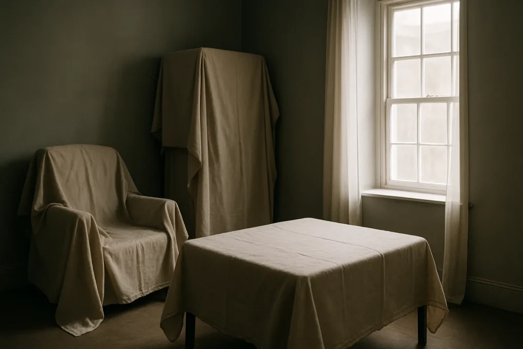 Chambre sombre à Forbach avec meubles couverts de bâches, lumière douce.