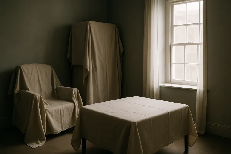 Chambre sombre à Forbach avec meubles couverts de bâches, lumière douce.